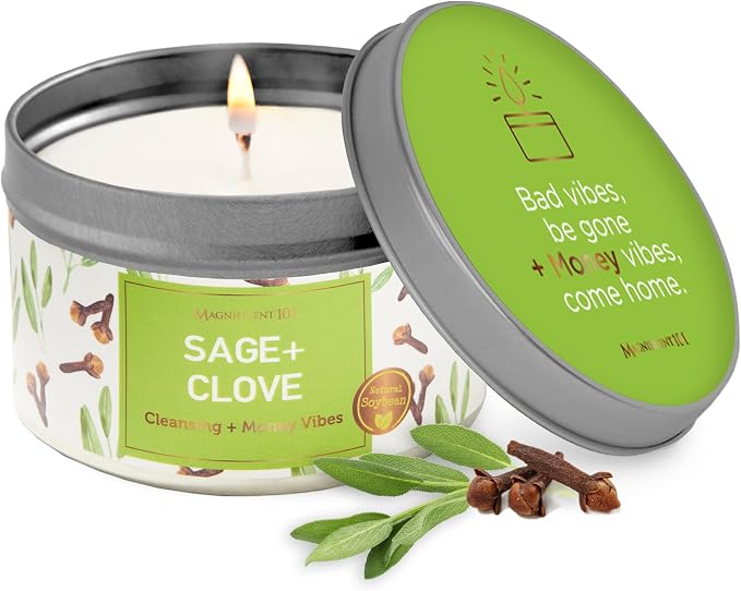 MAGNIFICENT 101 Sage & Clove Aromatherapy Candle - 6 Oz White Soy Wax - 35-Hour Burn Time - Long Lasting Sage & Energy Cleansing - Manifestation & Spiritual Decor