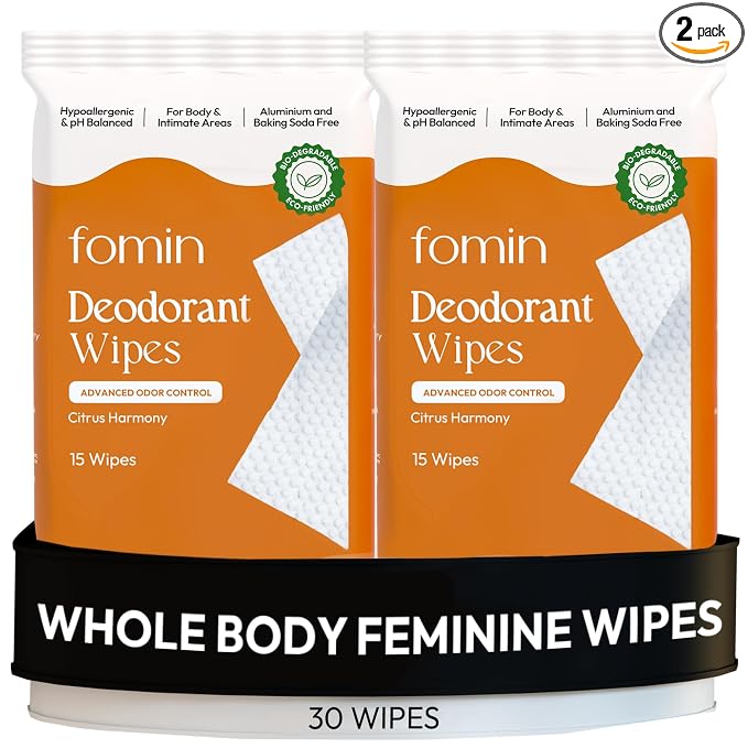 FOMIN Acidified Deodorant Wipes For Women - 30 Count - Citrus Harmony – Hypoallergenic, pH Balanced Whole Body Wipe - Plastic-Free, Exfoliating & Advanced Odor Control Underarm Body Wipes