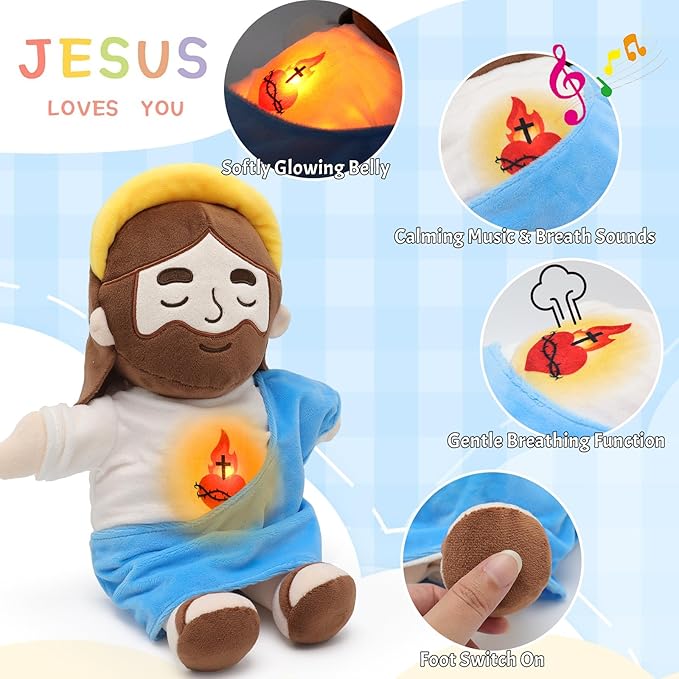Soothing Jesus Plush Toys with Light & Sound, Jesus Stuffed Breathing Plushy Doll, Christian Catholic Religious Plushie Christmas Easter Gifts for Kids Baby (Blue)
