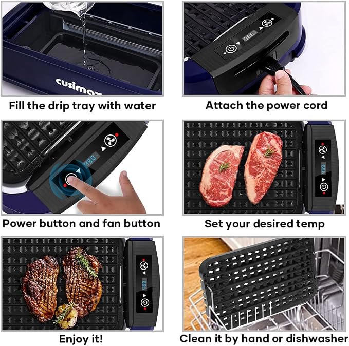 Electric Indoor Grill Griddle, CUSIMAX Smokeless Grill, Blue | with Turbo Smoke Extractor Technology, Smart LED Display & Adjustable Temperature, Non-stick Removable Plate & Griddle Plates