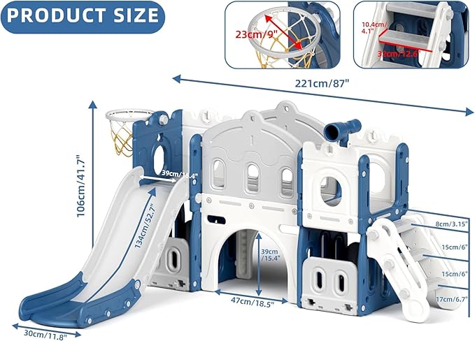 YUFU 8 in 1 Kids Slide for Toddlers Age 1-3, Kids Playset with Basketball Hoop and Ball, Indoor Outdoor Playground