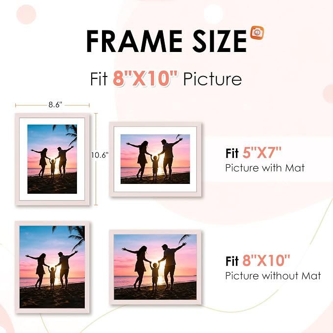 FIXSMITH 8x10 Picture Frame Set of 2, Pink Photo Frame with HD Plexiglass, Display Pictures 5x7 with Mat or 8x10 Without Mat Multi Picture Frames Collage for Tabletop or Wall Display