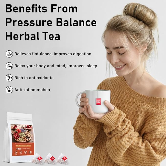 Pressure Balance Herbal Tea, Natural Traditional Chinese Herbal Teabags for Men & Women, Caffeine-Free, Sugar-Free, 9 Precious Ingredients Formula (1 Pack/30 Bags)