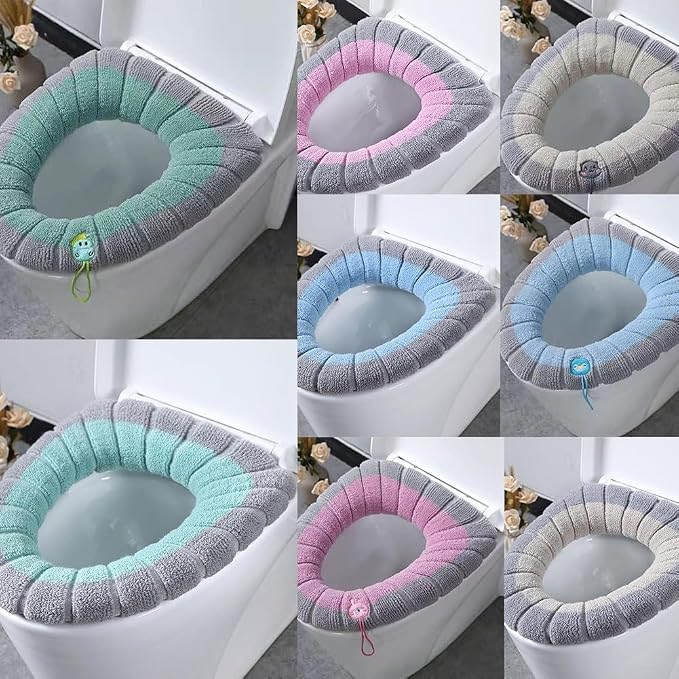 Soft Toilet Seat Cover for Fit, Thick Warm Stretchable Polyester Pad with Reusable Washable Bathroom Mat, Machine Washable Winter Warm Toilet Protector(Green with gray A)