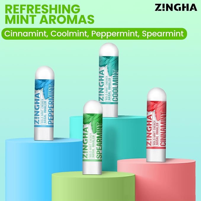 Z!NGHA Natural Aromatherapy Nasal Inhaler Stick for Sinus Relief, Focus & Stress Relief | Portable Dual-Hole Essential Oil Blend (4PK, Mint Mix)