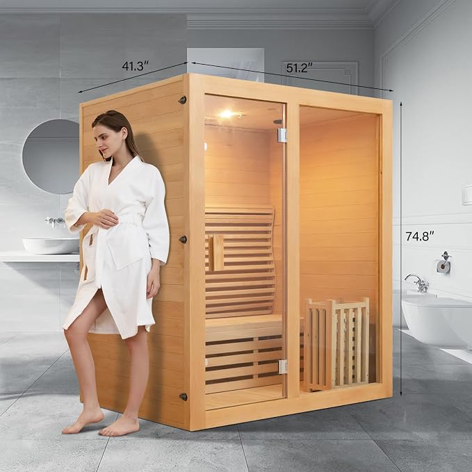 ZONEMEL Traditional Wooden Steam Sauna Room, 2 Person Canadian Hemlock Luxurious Indoor Sauna with 3.5 KW Harvia Stove Heater, Bluetooth Speaker, Sauna Stone, Wooden Bucket, Scoop, Reading Light, 220V
