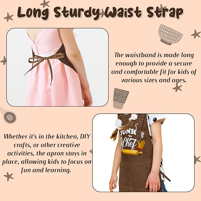Kid Apron and Chef Hat Set - R HORSE 2Pcs Adjustable Children Brown Chef Kitchen Apron, Dress up Role Play Chef Toy Cooking Baking Painting and Training Kits Kid Funny Cooking Birthday Gift for Kids
