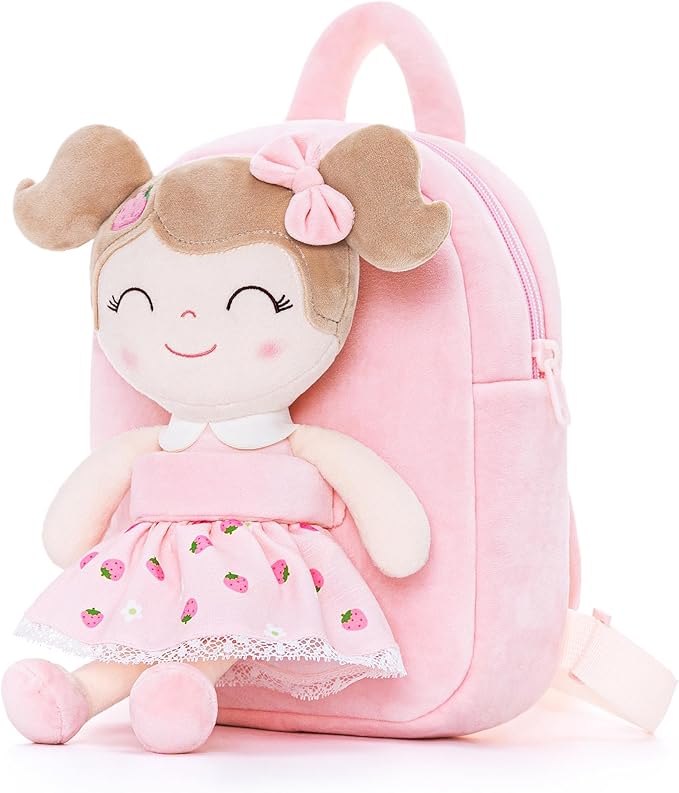 Gloveleya Kids Backpack for Girls backpacks Plush bag with Soft doll for Toddler baby Strawberry 9 Inches