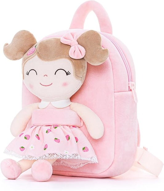 Gloveleya Kids Backpack for Girls backpacks Plush bag with Soft doll for Toddler baby Strawberry 9 Inches