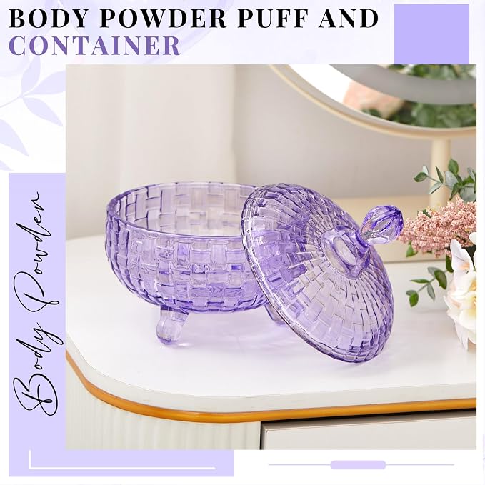Tioncy 2 Pcs Extra Large Dusting Powder Puff and Container for Women-6'' Glass Crystal Dusting Powder Container with Body Soft Washable Reusable Velour Face(Purple,Weave Design)