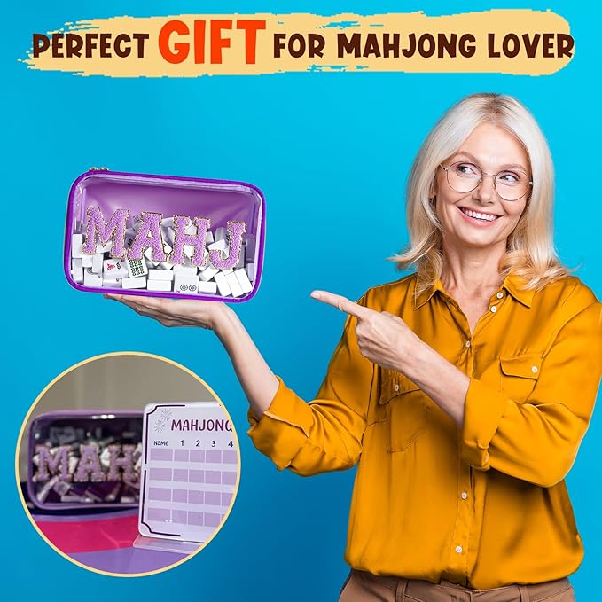 Mahjong Tiles Bag,Empty Thickened American Mahjong Bag with Zipper Suitable for 1.2"(30mm) Standard Size Waterproof Mahjong Storage Case Accessories Gifts for Game Lover Travel Women(MAHJ,Purple)