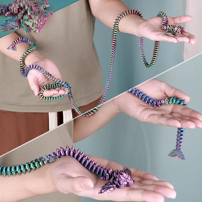 3D Printed Giant Long Dragon - Largest Size Toothless Dragon with Wings and Pangolin Features (Green Pink Gold)