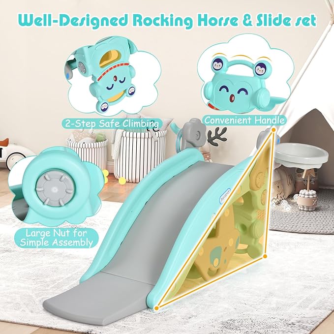 HONEY JOY Toddler Slide Rocking Toy, 6 in 1 Convertible Freestanding Slide for Kids w/Basketball Hoop/Ring Toss Game/Rocking Horse/Stool, Foldable Baby Climber Playground Slide for Indoors Outdoors