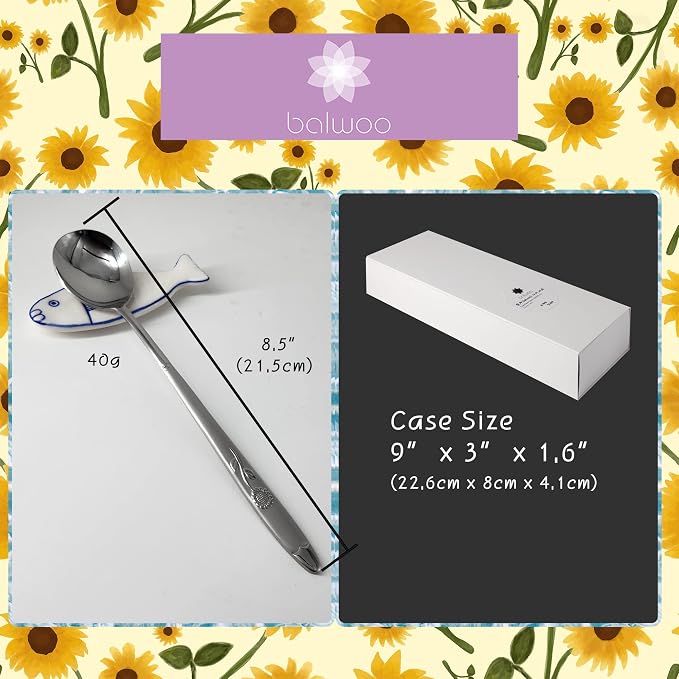 Korean Style Soup Spoons - 8.5 inch Premium Stainless Steel Dessert, Dinner, Rice & Ice Cream Scoop (Sunflower, 6 Pcs)