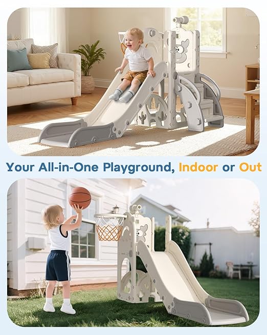 BIERUM Toddler Slide for Kids,6-in-1 Indoor Outdoor Toddler Slides Playground with Basketball Hoop, Golf Game & Telescope, L-Shaped Baby Slide Climber Playset, Cream&Gray