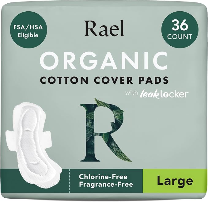 Rael Pads for Women, Organic Cotton Cover - Period Pads with Wings, Feminine Care, Sanitary Napkins, Heavy Absorbency, Unscented (Large, 36 Count)