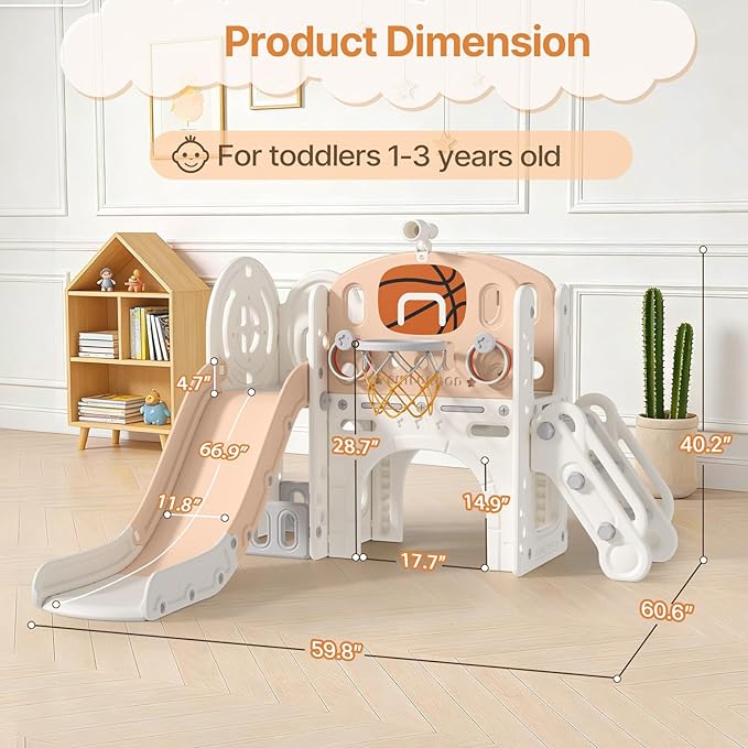 BIERUM 9 in 1 Toddler Slide, Baby Slide for Toddlers Age 1-3 with Ring Toss, Basketball Hoop and Telescope, Indoor Outdoor Playset Playground Beige Coffee