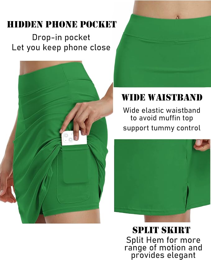 COOrun Women's 20" Knee Length Skirts High Waisted Golf Skorts with Pockets | Soft, Quick Dry, Split Hem, Built-in Shorts, A-line, Modest Skirts, for Golf Athletic Tennis Work Casual