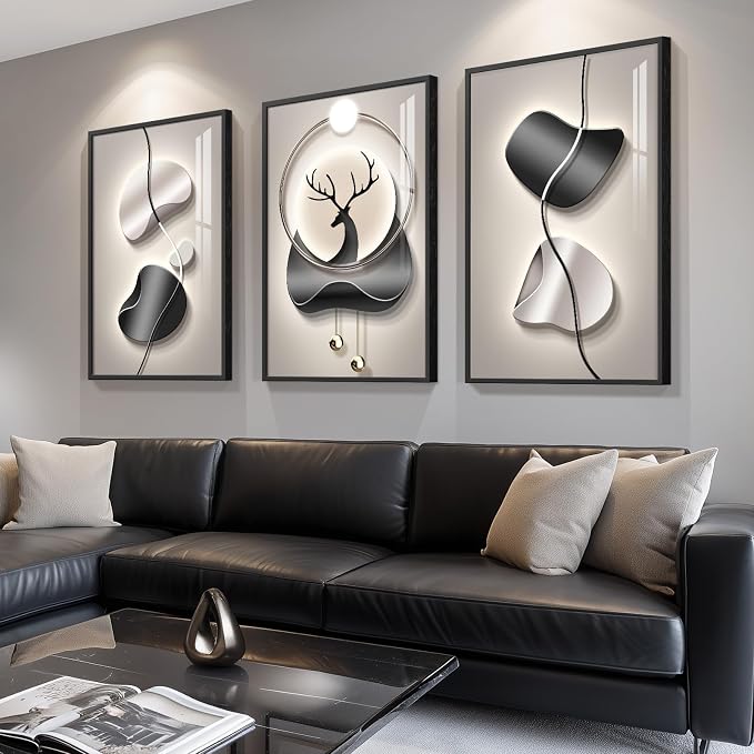 3 Piece Large Framed Modern Abstract Wall Art, Black and Gray Silver Bright Artworks Decor, Minimalist Geometric Line Deer Picture Prints for Living Room Entryway and Hallway 24x36 Inch