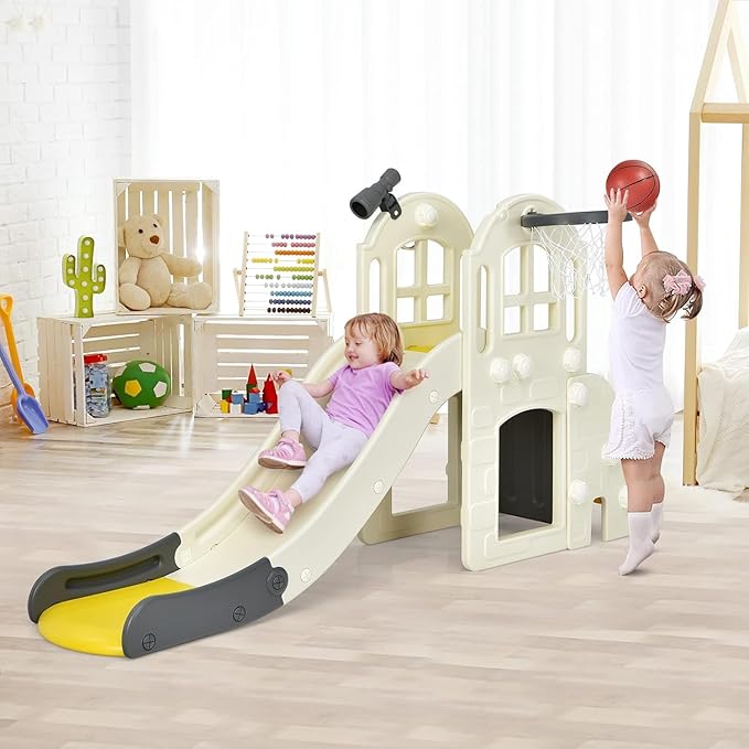 Generic FUTADA 6 in 1 Toddler Slide, Indoor & Outdoor Playground Set with Basketball Hoop, Ring Toss, Telescope, Crawl Through Space, Kids Climber Slide Gift for Indoors Outdoor Boys Girls (Yellow)