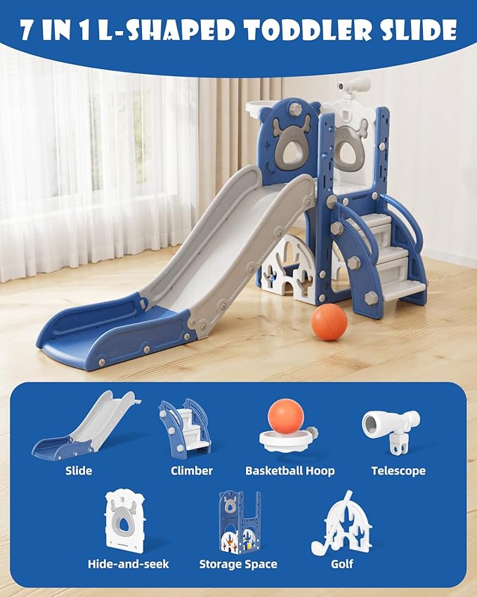 YUFU 7 in 1 Kids Slide for Toddlers, Toddler Slide Playset with Golf, Climber, Basketball Hoop and Ball, Indoor Outdoor Toddler Playground for Kids Age 1-3 (Blue)