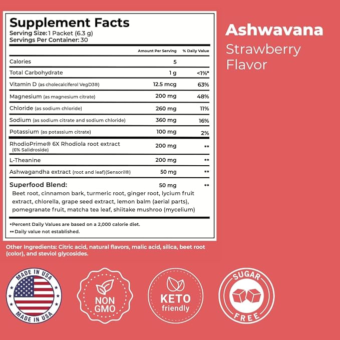 ASHWAVANA Zen Relax Drink Mix - Nootropic, Adaptogen-Infused Ashwagandha Beverage - Rhodiola, Magnesium, L-Theanine - Restore & Unwind - Alcohol Alternative - Strawberry Flavor - 60 Count (Pack of 2)