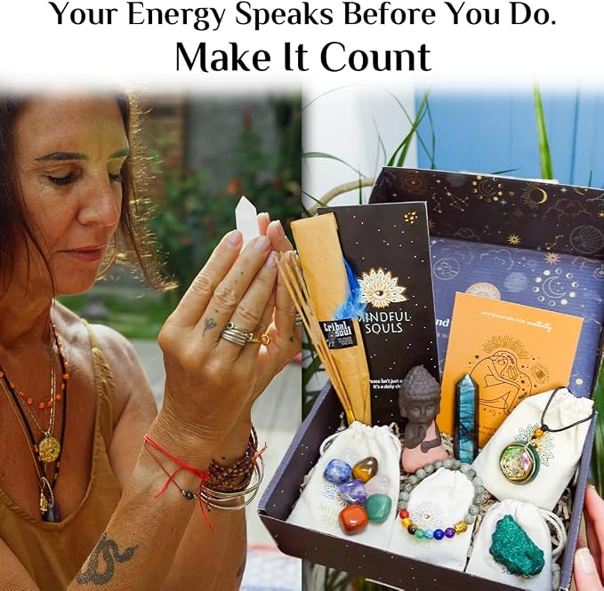 Mindful Souls Spiritual Healing Gift Set – Meditation & Mindfulness Box with Buddha Figurine, Healing Crystals, Mala Beads, Essential Oil & Gemstone Jewelry – Holistic Self-Care & Inner Peace Kit