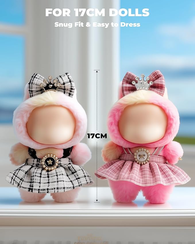 (2-Pack) 17cm Clothes Set, Black Plaid Outfit & Pink Plaid Dress Set, Stylish Doll Clothes with Bow Clip & Unique Metallic Details, Adorable Doll Accessories for 17cm Dolls