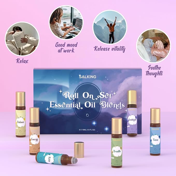 SALKING Essential Oils Roll On Set (6 Pack), Aromatherapy Oil Natural Pre-diluted Blend Oils for Skin Use, Natural Fragrance Gift for Women and Men