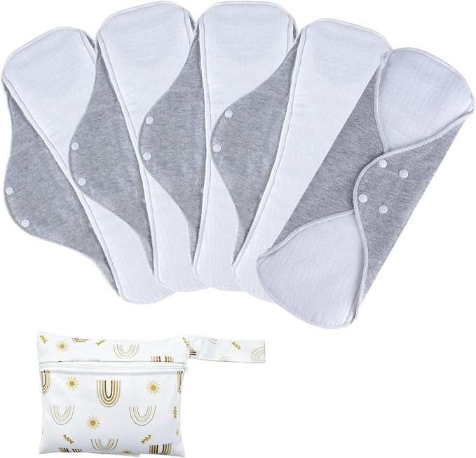 Washable Menstrual Pads,Reusable Incontinence Pads,Cloth Pads Sanitary Napkins,with 1 Storage Bag,Panty Liners/Cotton Pads Period for Women/Postpartum/Incontinence Patients(Grey/L/5pcs)