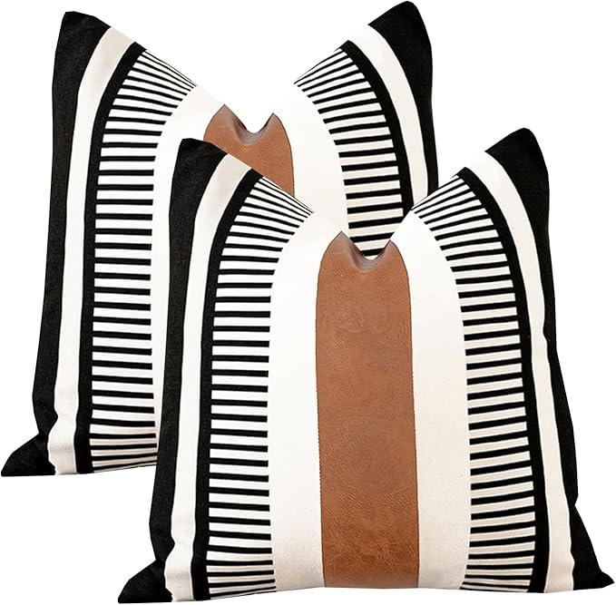 22x22 Boho Striped Pillow Cover with Faux Leather Accent, Black, 2 PC | Geometric printed cotton, vintage brown accent, black white reversible cushion case, farmhouse tribal sectional sofa decor.