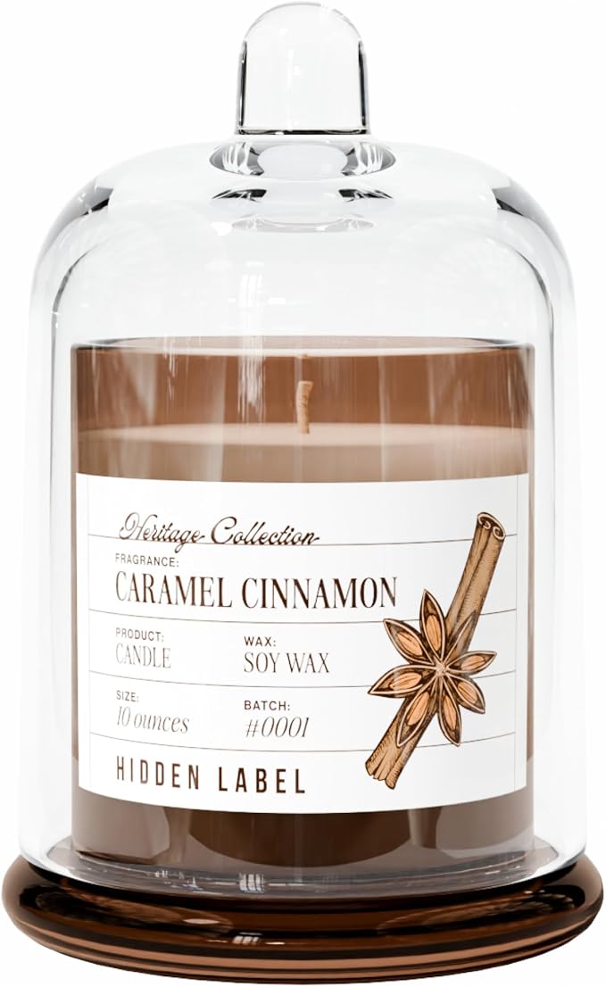 Hidden Label Caramel Cinnamon Candle, 10oz Bell Jar, Fall Aromatherapy | 55H Burn | Amber Base Glass Dome Vessel | Non Toxic Soy Wax | Autumn Spa & Meditation