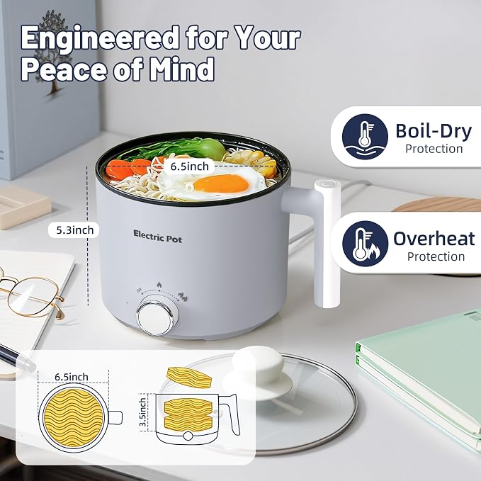 Electric Hot Pot 1.5L Nonstick Ramen Cooker for One-Person | Dual Power Setting for Hot Pot, Pasta/Soup/Oatmeal/Egg, Portable for Dorm/Travel, Overheat & Boil-Dry Protection (Grey, 1.5L)