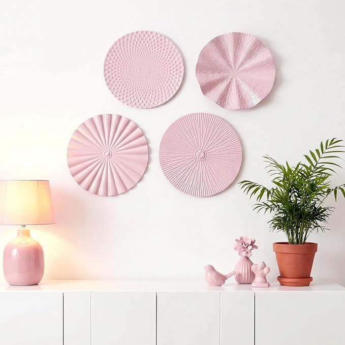 Hicarer 4 Pcs 12 Inch Pink Metal Wall Art Decor Modern Sunburst Hanging Artwork Decor Wall Decorations for Home Bedroom Bathroom Living Room Office Sculpture