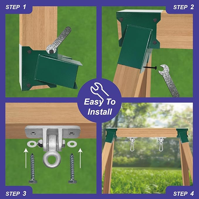 A-Frame Swing Set Brackets - DIY Swing Set Bracket for 4x4 Legs & 4x6 Beam, Installed on Wooden or Concrete Floors, Green (2 End Brackets+4 Bases+2 Hangers)