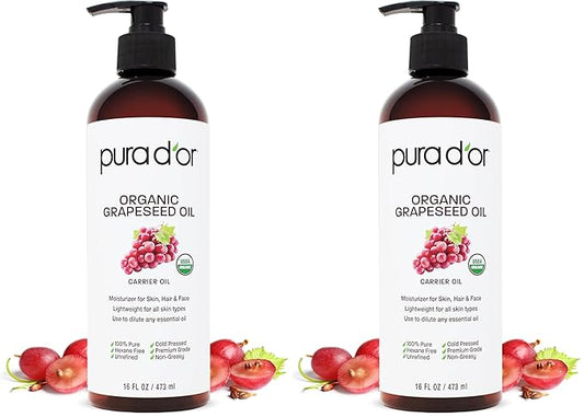 PURA D'OR 16 Oz Organic Grapeseed Oil - 100% Pure & Natural USDA Certified Cold Pressed Carrier Oil - Light & Silky, Unscented, Hexane Free Liquid Moisturizer - Face Skin & Hair - Men & Women