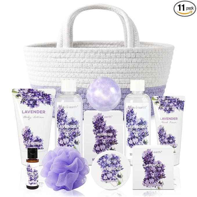 BODY & EARTH Spa Gift Baskets for Women 11pcs Lavender Gift Sets with Bubble Bath, Shower Gel, Body Lotion, Mom Birthday Gifts, Spa Kit, Purple Gift for Her, Christmas Gifts
