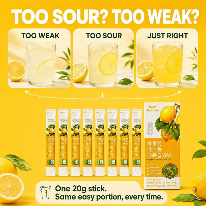 [14 Sticks] Organic 100% Pure NFC Whole Lemon Juice Sticks – 20g Each – Italian Lemon, Cold Pressed, Product of Korea, Non-GMO, No Sugar Added