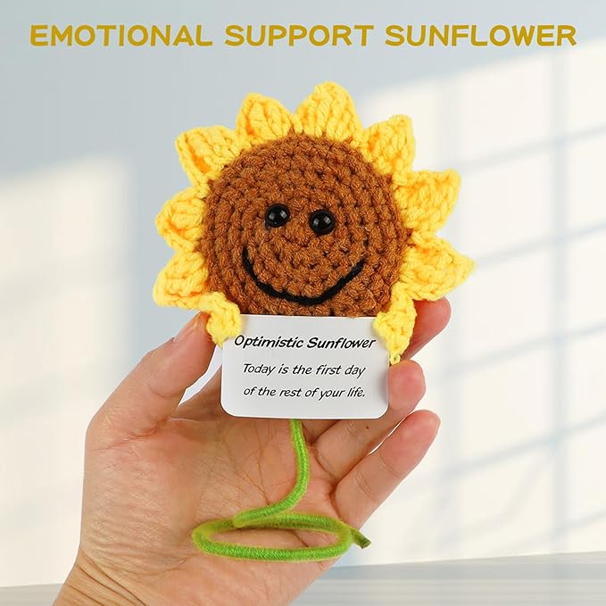 Hoedia Handmade Emotional Pickle Gift, Cucumber Crochet Doll Inspirational Gifts with Cards, Cute Knitted Funny Support Pickle Potato Friend Birthday (Positive Sunflower)
