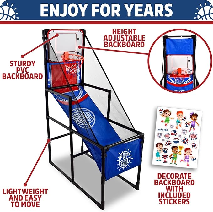 Pop-A-Shot Lil’ Pop Game | Indoor Arcade Basketball Hoop for Kids Age 3-6 | 3 Balls & Sticker Pack | Electronic Scoreboard, Music, Sound FX