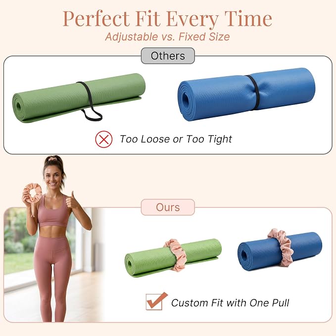 Aolamegs Adjustable Yoga Mat Scrunchie, 2-in-1 Mat Strap and Hair Tie, Fits All Standard & Extra Thick Yoga Mats