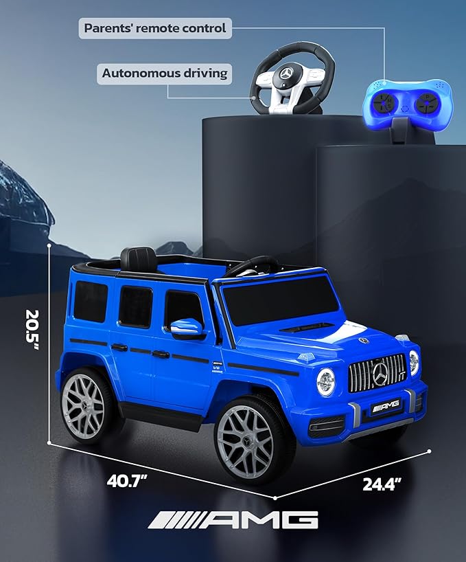 ELEMARA Licensed Mercedes-Benz AMG G63 Ride on Toys,All-Terrain Kids Car with 2.4G Remote Control,Battery Powered Electric Ride On Vehicle w/Bluetooth,Dual Mode of Flashing Light/LED Light,Music,Blue