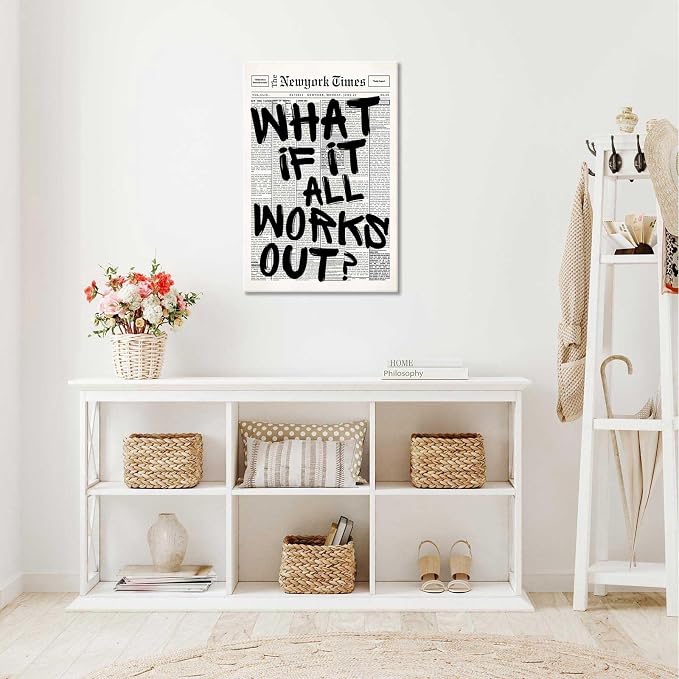 Drimiler Retro Black And White Newspaper Poster What If It All Works Out Canvas Wall Art Positive Affirming Quote Minimalist Prints Painting For Home Bedroom Dorm Wall Decor 12x16in Wframed