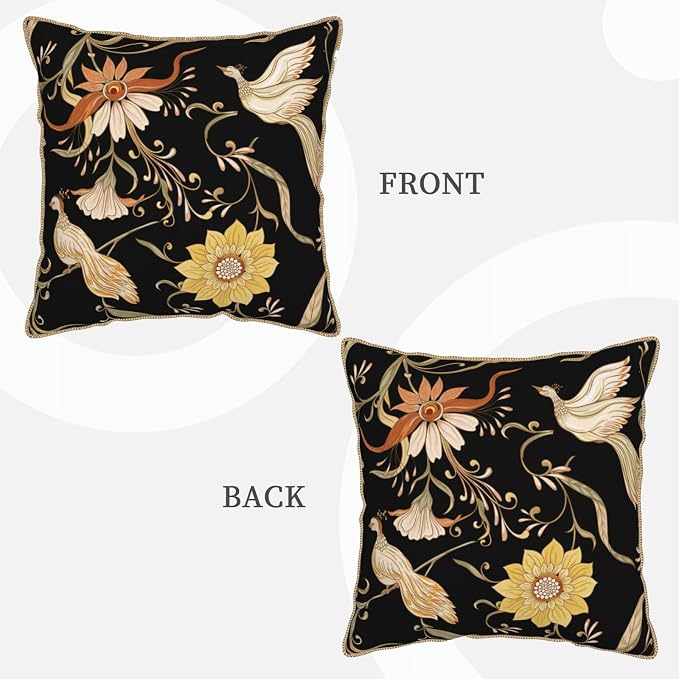Flowers Birds Velvet Pillow Covers 16x16 Inch Vintage Floral Black Throw Pillows for Couch Farmhouse Cushion Covers Pillowcase Retro Rustic Pillow Cases for Sofa Bed Living Room Outdoor