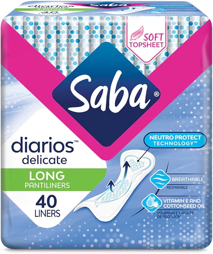 SABA Diarios Long Delicate Pantiliners, Unscented, Breathable & Comfortable for Everyday Freshness, 4-Pack of 40 Pads (160 Count)