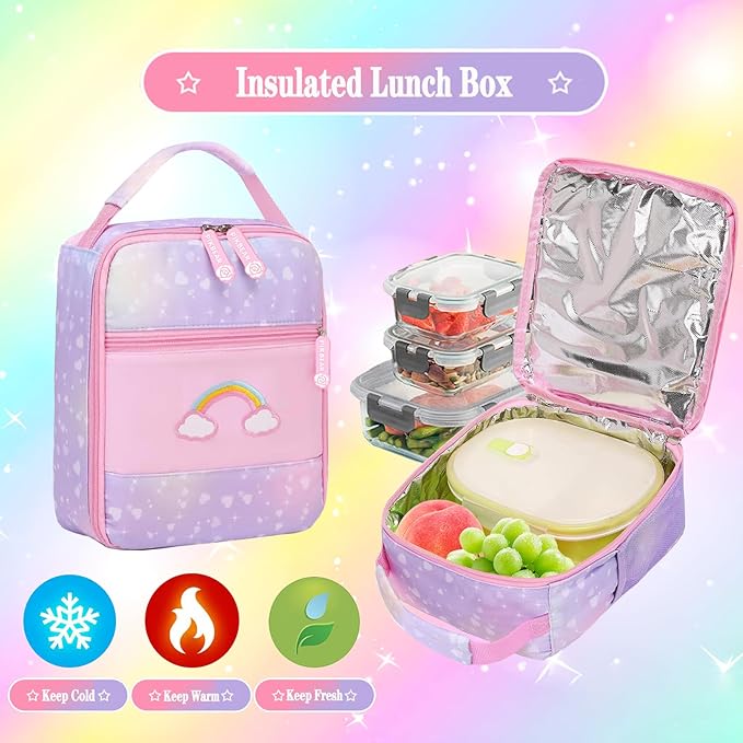 3Pcs Kids Backpack For Girls,Cute Rainbow Student School Backpack With Lunch Bag Pen Bag Set (Purple Medium 16.5in