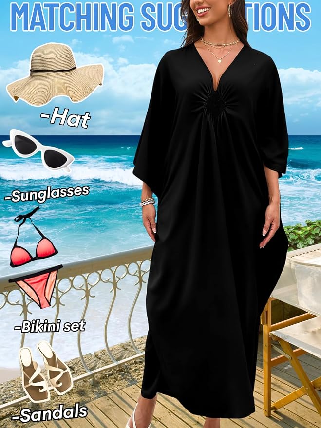 ChiaoLezhee Print Moo-Moos for Women, Kaftan Cover-Up Dresses, Sexy V-Neck High-Slit, Beach Pool-Party Coverups Muumuu Plus