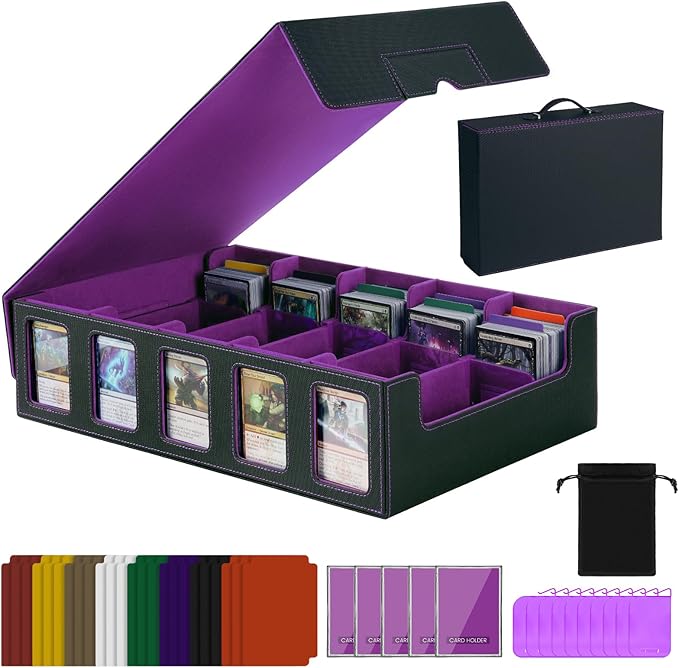 Trading Card Storage Box with Handle,5-Row Portable Leather Deck Case for 4000+ Cards,Purple Card Collection Box with Commander Display Window for MTG,Yugioh, and Sports Cards,Gifts for Card Collector