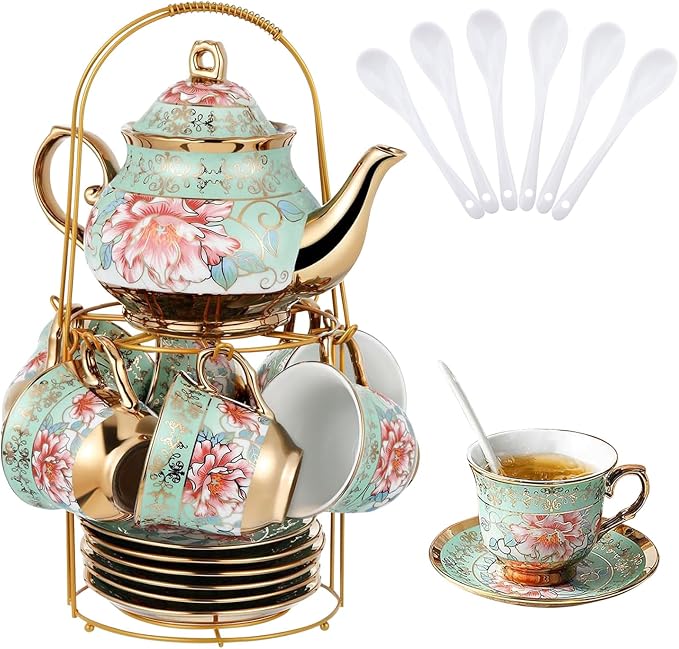 20 Pcs Porcelain Tea Set with Metal Holder, Adult Tea Set Gift, European Ceramic Tea Set for Adults, Enamel Flower Tea Cup Saucer Set for Party With Gold Flower Painting (Fresh Green)