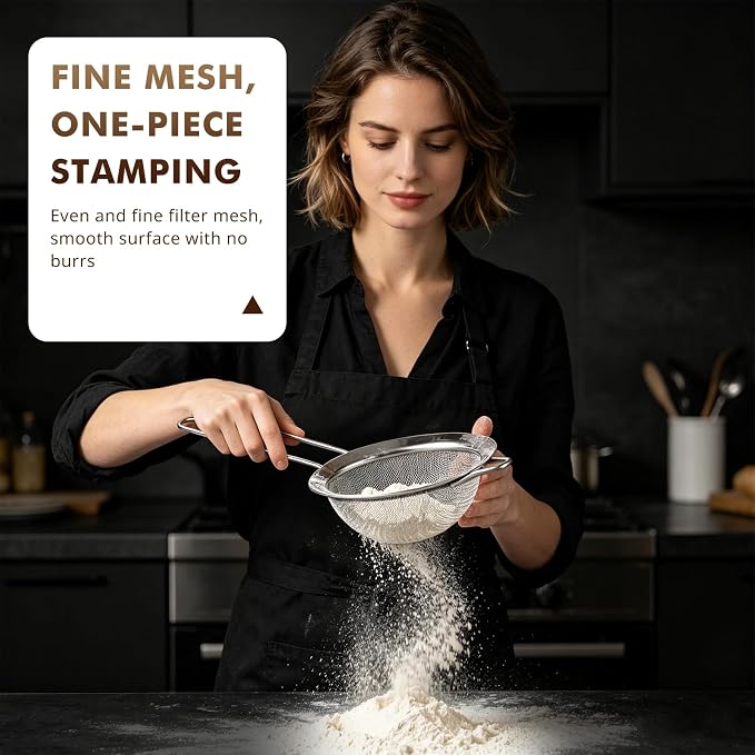 NileHome Mesh Strainer,7.8-Inch Diameter Stainless Steel Strainer for Sifting, Straining, Cooking Kitchen Strainers Fine Mesh for Flour, Pasta, Loose Tea, Fruit, and Rice, Silver